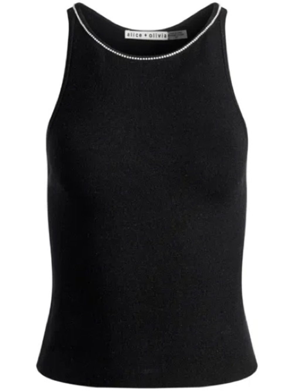 Alice + Olivia Black Ribbed Knit Tank with Crystal-Trim Neckline High Neck Sz Lg